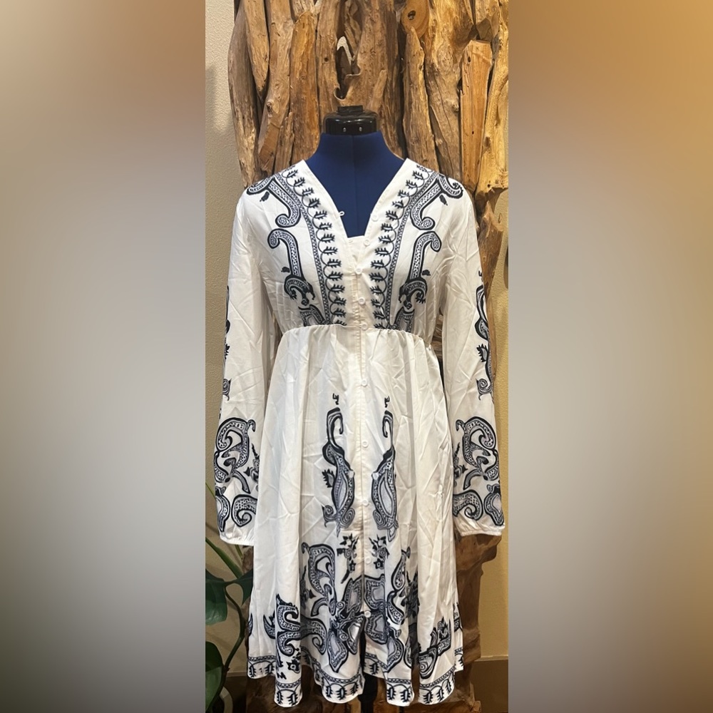 Button Up White Pattern Dress